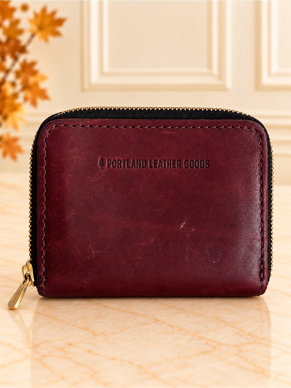 Portland Leather Compact Burgundy Brown Zip Wallet with Gold Hardware